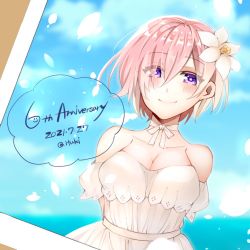 Rule 34 | 1girl, 2021, anniversary, arms behind back, bare shoulders, blue sky, blush, breasts, choker, cleavage, closed mouth, cloud, collarbone, commentary request, dated, day, dress, eyes visible through hair, fate/grand order, fate (series), flower, formal, hair flower, hair ornament, heroic spirit formal dress, ki (ituki 0903), looking at viewer, mash kyrielight, mash kyrielight (formal dress), medium breasts, official alternate costume, photo (object), pink hair, purple eyes, short hair, sky, sleeveless, sleeveless dress, smile, solo, strapless, strapless dress, twitter username, upper body, white choker, white dress, white flower
