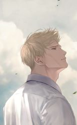 Rule 34 | 1boy, blonde hair, blue eyes, closed mouth, cloud, cloudy sky, collared shirt, day, from behind, grey sky, half-closed eyes, highres, jpeg artifacts, jujutsu kaisen, kuro (grf), looking up, male focus, nanami kento, outdoors, shirt, short hair, sky, solo, upper body, white shirt, wind