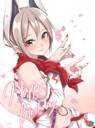 Rule 34 | 1girl, animal ears, black eyes, blush, closed mouth, detached sleeves, earrings, extra ears, eyeshadow, fox ears, fox shadow puppet, fox tail, grey hair, hair between eyes, happy birthday, idolmaster, idolmaster cinderella girls, japanese clothes, jewelry, jiino, lips, looking at viewer, makeup, nail polish, navel, petals, pointy ears, red nails, shiomi syuko, short hair, smile, solo, stomach tattoo, tail, tattoo, upper body