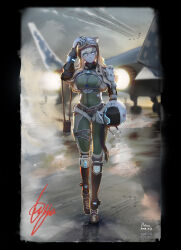 Rule 34 | 1girl, absurdres, aircraft, airplane, animal ear fluff, animal ears, artist name, belt, blonde hair, blue eyes, bodysuit, breasts, dated, fake animal ears, fighter jet, goggles, goggles on head, grayprime4wd, green bodysuit, helmet, highres, jet, lilya (reverse:1999), looking at viewer, medium breasts, military, military uniform, military vehicle, outdoors, reverse:1999, signature, solo, standing, uniform