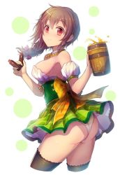 Rule 34 | 10s, 1girl, alcohol, armband, ass, bare shoulders, beer, beer mug, blush, bottle, braid, breasts, brown hair, choker, clothes lift, cropped legs, cup, dirndl, dress, dress lift, drink, female focus, frilled thighhighs, frills, german clothes, germany, green dress, hair ribbon, holding, idolmaster, idolmaster cinderella girls, jewelry, kara (color), large breasts, legs, long hair, looking at viewer, looking back, mug, necklace, oktoberfest, open mouth, panties, pantyshot, red eyes, ribbon, senkawa chihiro, sideboob, simple background, smile, solo, strapless, strapless dress, thighhighs, underbust, underwear