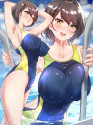 Rule 34 | 1girl, ahoge, armpits, azur lane, baltimore (azur lane), blue one-piece swimsuit, blush, braid, breasts, brown eyes, brown hair, collarbone, competition swimsuit, covered erect nipples, covered navel, day, french braid, hato haru, large breasts, looking at viewer, multiple views, one-piece swimsuit, open mouth, outdoors, pool ladder, poolside, short hair, swimsuit, wet, wet hair