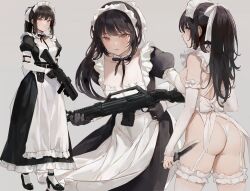 Rule 34 | 1girl, apron, ass, black dress, black hair, blush, bow, bowtie, bra, breasts, brown eyes, chowbie, cleavage, dress, elbow gloves, frilled apron, frills, gloves, gun, high heels, highleg, highleg panties, holding, holding gun, holding knife, holding weapon, knife, large breasts, lingerie, long hair, long skirt, looking at viewer, maid, maid apron, maid headdress, maid master, multiple views, panties, parted lips, ponytail, puffy short sleeves, puffy sleeves, short sleeves, skirt, thighs, thong, underwear, waist apron, weapon, white apron, white bra