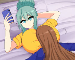 Rule 34 | 2girls, aqua eyes, aqua hair, arm behind head, asa midori, bed, between breasts, breasts, brown eyes, brown hair, face between breasts, hair bun, head between breasts, highres, huge breasts, long hair, lying, multiple girls, on back, on bed, original, parted lips, phone, pillow, rezu (the only shoe), short hair, the only shoe, yuri