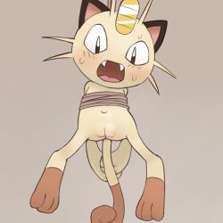Rule 34 | 1girl, animal, animal ears, arms behind back, bdsm, blush, bound, bound arms, cat ears, cat tail, cleft of venus, completely nude, creatures (company), embarrassed, fangs, fat mons, female focus, flat chest, full body, game freak, gen 1 pokemon, grey background, head tilt, highres, legs apart, looking down, lying, meowth, navel, nintendo, no humans, no nose, nude, on back, open mouth, pokemon, pokemon (creature), pussy, rope, simple background, slit pupils, solo, spread legs, sweat, sweatdrop, tail, tongue, whiskers, youjo modoki