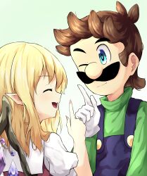 Rule 34 | 1boy, 1girl, ;), absurdres, blonde hair, blue eyes, blue overalls, brown hair, closed mouth, commentary, crystal, english commentary, facial hair, fang, flandre scarlet, gloves, green background, highres, index finger raised, long sleeves, looking at another, looking at viewer, luigi, mario (series), mustache, nintendo, no headwear, one eye closed, open mouth, overalls, ruu (ruigi12), short sleeves, skin fang, smile, solo, touhou, upper body, white gloves, wings