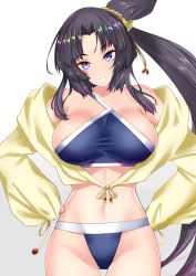 Rule 34 | 1girl, bare shoulders, bikini, black hair, blue bikini, blue eyes, blush, breasts, closed mouth, fate/grand order, fate (series), hair bun, hair ribbon, hands on own hips, highres, hip focus, jacket, large breasts, long hair, looking at viewer, navel, open clothes, open jacket, parted bangs, ribbon, sankakusui, side ponytail, sideboob, simple background, single hair bun, sleeves past wrists, smile, solo, swimsuit, ushiwakamaru (fate), ushiwakamaru (fate/grand order), ushiwakamaru (swimsuit assassin) (fate), ushiwakamaru (swimsuit assassin) (first ascension) (fate), very long hair, white background, yellow jacket, yellow ribbon