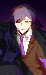 Rule 34 | 1boy, andrian11011, black jacket, black sclera, black sweater, colored sclera, crying, crying with eyes open, formal, glitch, heterochromia, highres, jacket, lobotomy corporation, looking at viewer, male focus, necktie, open mouth, project moon, purple armband, purple eyes, purple hair, purple necktie, simple background, smile, solo focus, suit, sweater, tears, turtleneck, yellow eyes, yesod (project moon)