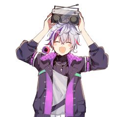 Rule 34 | 1boy, :d, ^ ^, absurdres, arms up, black jacket, blush stickers, closed eyes, facing viewer, fuwa minato, grey hair, hair between eyes, highres, holding, jacket, long sleeves, male focus, multicolored hair, nijisanji, open clothes, open jacket, open mouth, puffy long sleeves, puffy sleeves, purple hair, red hair, shirt, simple background, smile, sofra, solo, stereo, streaked hair, upper body, virtual youtuber, white background, white shirt