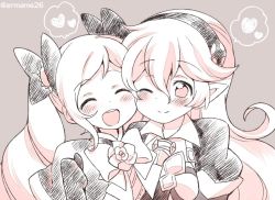Rule 34 | 2girls, armor, bow, closed eyes, closed mouth, corrin (female) (fire emblem), corrin (fire emblem), elise (fire emblem), eromame, fire emblem, fire emblem fates, grey background, hair bow, hairband, long hair, multiple girls, nintendo, one eye closed, open mouth, pointy ears, simple background, smile, twintails, twitter username, upper body