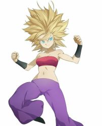 Rule 34 | 10s, 1girl, artist request, bandeau, bare shoulders, blazh, blonde hair, breasts, caulifla, dragon ball, dragon ball super, female focus, highres, large breasts, leeloo dallas, midriff, navel, pants, purple pants, saiyan, simple background, smile, solo, spiked hair, stomach, strapless, super saiyan, super saiyan 1, white background
