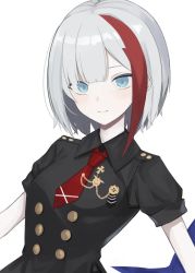 Rule 34 | 1girl, a iri a, admiral graf spee (azur lane), admiral graf spee (daily peaceful life) (azur lane), admiral graf spee (girl&#039;s sunday) (azur lane), azur lane, black shirt, blue eyes, buttons, closed mouth, collared shirt, double-breasted, light smile, looking at viewer, multicolored hair, necktie, pale skin, red necktie, shirt, short hair, short sleeves, sidelocks, silver hair, simple background, slit pupils, smile, solo, streaked hair, white background