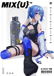 Rule 34 | 1girl, barcode, bare shoulders, belt, black nails, blue eyes, blue hair, blue socks, caution, cleavage cutout, clothing cutout, commentary, detached sleeves, expressionless, foreshortening, gas tank, hair ornament, hairclip, hand up, hatsune miku, head tilt, highres, kneehighs, long hair, nail polish, osanzi, puffy sleeves, shoulder tattoo, sitting, socks, solo, spring onion, tattoo, twintails, very long hair, vocaloid