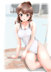 Rule 34 | 1girl, brown eyes, brown hair, competition swimsuit, long hair, mashinatsu, one-piece swimsuit, original, ponytail, reiji-sss, solo, swimsuit, white one-piece swimsuit