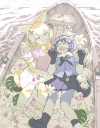 Rule 34 | 2girls, animal ears, black hair, blonde hair, boat, bow, bowtie, buttons, catcar0983, commentary request, common raccoon (kemono friends), dappled sunlight, day, extra ears, closed eyes, facing another, fang, fennec (kemono friends), flower, fox ears, fox tail, from above, fur-trimmed sleeves, fur collar, fur trim, gloves, grey hair, grin, hair flower, hair ornament, half-closed eyes, hands up, highres, kemono friends, layered sleeves, long sleeves, looking at another, lying, multicolored hair, multiple girls, on back, open mouth, outdoors, pink sweater, raccoon ears, shirt, short over long sleeves, short sleeves, sketch, skirt, smile, sunlight, sweater, tail, thighhighs, two-tone hair, water, watercraft, white hair