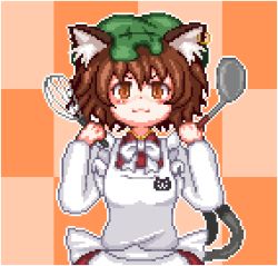 Rule 34 | 1girl, animal ear fluff, animal ears, animal print, apron, bow, bowtie, brown eyes, brown hair, cat ears, cat print, cat tail, checkered background, chen, closed mouth, commentary, dress, earrings, green hat, hat, holding, holding spatula, holding whip, jewelry, long sleeves, looking at viewer, lowres, mob cap, multiple tails, nekomata, orange background, pixel art, red dress, short hair, single earring, smile, solo, spatula, symbol-only commentary, tail, touhou, two tails, unk kyouso, upper body, white apron, white bow, white bowtie