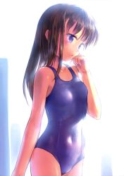 1girl absurdres blue_eyes blush brown_hair covered_navel female_focus highres long_hair one-piece_swimsuit open_mouth original parted_lips school_swimsuit shiny_clothes solo swimsuit takoyaki_(roast)