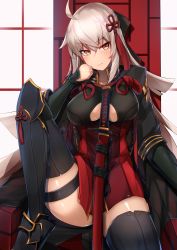 Rule 34 | 1girl, absurdres, ahoge, arm guards, armor, black bow, black coat, black thighhighs, bow, breasts, closed mouth, coat, commentary request, dark-skinned female, dark skin, fate/grand order, fate (series), hair between eyes, hair bow, hair ornament, highres, japanese armor, katana, knee up, koha-ace, large breasts, long hair, looking at viewer, majin saber, nanakaku, okita souji (fate), okita souji (koha-ace), okita souji alter (fate), red skirt, sitting, skirt, solo, suneate, sword, thigh strap, thighhighs, thighs, underboob, very long hair, weapon, white hair, yellow eyes