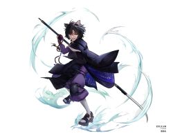 Rule 34 | 1boy, :d, absurdres, alternate hair length, alternate hairstyle, animal ears, arknights, artist name, black hair, black kimono, chinese commentary, commentary request, eyulam, genderswap, genderswap (ftm), geta, gloves, grey socks, highres, holding, holding polearm, holding spear, holding weapon, japanese clothes, kimono, knee pads, looking at viewer, male focus, naginata, open mouth, polearm, purple gloves, saga (arknights), short hair, simple background, smile, socks, solo, spear, standing, weapon, white background, yellow eyes