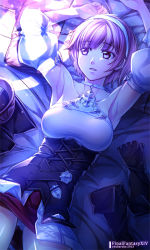 Rule 34 | 10s, 1girl, armpits, bed, bed sheet, breasts, dark, detached sleeves, final fantasy, final fantasy xiv, fingerless gloves, gloves, hairband, halterneck, hyur, lying, panties, pillow, pink eyes, pink hair, shirt, short hair, smile, solo, square enix, taut clothes, taut shirt, underwear, warrior of light (ff14), you haruka