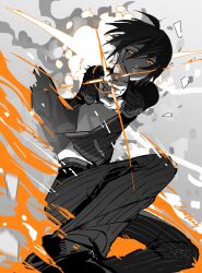 Rule 34 | 1boy, danganronpa (series), danganronpa v3: killing harmony, explosion, finger gun, hair between eyes, highres, jacket, limited palette, long sleeves, looking at viewer, male focus, open clothes, open jacket, pants, parted lips, pointing, pointing at viewer, saihara shuichi, shoes, signature, simple background, solo, zai ya