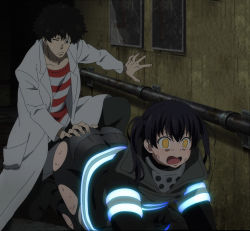 Rule 34 | 1boy, 1girl, accidental pervert, all fours, animal ears, anime screenshot, annoyed, arm support, ass, ass grab, black hair, boots, curvy, embarrassed, en&#039;en no shouboutai, gloves, highres, huge ass, kneeling, one eye closed, open mouth, panties, panties under pantyhose, pantyhose, screencap, stitched, sweat, tamaki kotatsu, third-party edit, torn clothes, torn legwear, twintails, underwear, viktor licht, yellow eyes