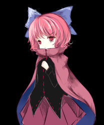Rule 34 | 1girl, bad id, bad pixiv id, black background, bow, cape, dress, female focus, hair bow, red eyes, red hair, sekibanki, short hair, solo, sseopik, touhou