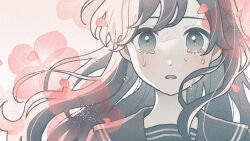 Rule 34 | 1girl, blush, close-up, commentary request, crying, crying with eyes open, flower, flower (symbol), grey eyes, grey hair, grey sailor collar, hatching (texture), highres, linear hatching, long hair, looking at viewer, nahara saki, original, parted lips, petals, pink background, pink flower, portrait, sailor collar, solo, split mouth, tears, transparent flower, wind