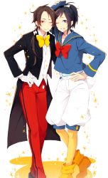 Rule 34 | 10s, 2boys, blue eyes, bow, bowtie, brown hair, cosplay, disney, donald duck, donald duck (cosplay), donald duck sailor hat, earrings, gloves, hand on own hip, highres, jewelry, kashuu kiyomitsu, long hair, looking at viewer, male focus, mickey mouse, mickey mouse (cosplay), multiple boys, one eye closed, parted lips, ponytail, red bow, red bowtie, red eyes, simple background, smile, tailcoat, touken ranbu, white gloves, yamato-no-kami yasusada, yellow bow, yellow bowtie, yugake (mrnmrm)