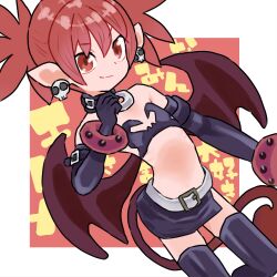Rule 34 | 1girl, bare shoulders, belt, belt buckle, black bra, black choker, black gloves, black thighhighs, bra, bracelet, buckle, choker, closed mouth, demon girl, demon tail, demon wings, disgaea, earrings, elbow gloves, etna (disgaea), flat chest, gloves, jewelry, looking at viewer, lowres, o-ring, o-ring choker, pelvic curtain, pointy ears, red eyes, red hair, red tail, red wings, short twintails, sicky (pit-bull), skull earrings, smile, solo, strapless, strapless bra, studded bracelet, tail, thighhighs, twintails, underwear, white belt, wings
