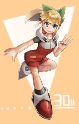 Rule 34 | 1girl, anniversary, black socks, blonde hair, blue eyes, blunt bangs, bow, breasts, closed mouth, commentary request, dress, full body, green bow, hair bow, highres, hooded dress, kuroi susumu, long hair, looking at viewer, mega man (classic), mega man (series), mega man 11, ponytail, red dress, roll (mega man), short sleeves, sidelocks, small breasts, smile, socks, solo, standing, standing on one leg, two-tone background, white hood, zipper