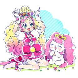 Rule 34 | :d, arms up, bow, closed eyes, cure flora, earrings, flower, flower earrings, flower necklace, gloves, go! princess precure, green eyes, haruno haruka, head wreath, heart cheeks, hoppetoonaka3, jewelry, magical girl, multicolored hair, necklace, open mouth, outdoors, pink bow, pink skirt, precure, puff (go! princess precure), simple background, sitting, skirt, smile, streaked hair, tiara, two-tone hair, waist bow, waist brooch, white gloves