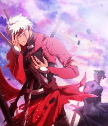 Rule 34 | 2boys, archer (fate), black cape, black hair, blood, blood on face, cape, emiya kiritsugu, fate (series), hand over face, highres, male focus, multiple boys, outdoors, silver hair, sorad 0410, spiked hair, stab, standing, sword, weapon