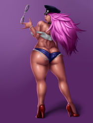 Rule 34 | 1girl, \m/, ass, back, bad id, bad pixiv id, bare shoulders, blue eyes, breasts, butt crack, capcom, collar, crop top, cuffs, curvy, cutoffs, denim, denim shorts, final fight, from behind, full body, gradient background, handcuffs, hat, high heels, highres, huge breasts, lipstick, long hair, looking back, makeup, naughty face, off shoulder, peaked cap, pink hair, poison (final fight), puckered lips, rampage (leedash2), red footwear, shoes, short shorts, shorts, solo, spinning, standing, street fighter, thick thighs, thighs, tight shoes, underboob, undersized clothes