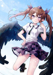 Rule 34 | 1girl, bird wings, black socks, black wings, brown eyes, brown hair, checkered clothes, checkered skirt, closed mouth, collared shirt, feathered wings, foot out of frame, geta, hat, highres, himekaidou hatate, ikamagu, long hair, pointy ears, purple hat, shirt, short sleeves, skirt, smile, socks, solo, tengu-geta, tokin hat, touhou, twintails, white shirt, wings