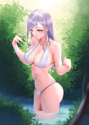Rule 34 | 1girl, absurdres, bikini, blurry, branch, breasts, bush, day, depth of field, from side, hands up, highres, large breasts, leaf, long hair, looking down, mole, mole on breast, navel, o-ring, o-ring bikini, original, outdoors, parted lips, purple hair, shooot108, skindentation, solo, stomach, straight hair, sunlight, swept bangs, swimsuit, wading, water, wet, yellow eyes