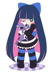 Rule 34 | 10s, 1girl, aqua eyes, bad id, bad pixiv id, black hair, colored inner hair, doll, dress, honekoneko, honekoneko (psg), hugging doll, hugging object, long hair, meiro (yuu), multicolored hair, official style, panty &amp; stocking with garterbelt, simple background, smile, solo, stocking (psg), striped clothes, striped thighhighs, stuffed animal, stuffed cat, stuffed toy, thighhighs