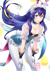 Rule 34 | 1girl, ameno (a meno0), animal ears, blue choker, blue eyes, blue hair, breasts, choker, cleavage, collarbone, commentary request, dress, eyelashes, fake animal ears, fire emblem, fire emblem awakening, fire emblem heroes, flower, frilled dress, frilled sleeves, frills, gloves, hair between eyes, hand on knees, leaning forward, leotard, long hair, looking at viewer, lucina (fire emblem), lucina (spring) (fire emblem), nintendo, official alternate costume, pantyhose, playboy bunny, rabbit ears, small breasts, solo, white gloves, white pantyhose
