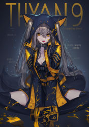 Rule 34 | 1girl, absurdres, animal hood, black thighhighs, blonde hair, boots, breasts, butterfly sitting, candy, character name, chyan, cleavage, collar, dress, flat chest, food, hair between eyes, highres, hood, long hair, numbered, open mouth, original, paint, sitting, solo, star (symbol), thighhighs, thyan 9, very long hair