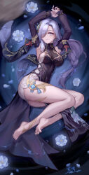 Rule 34 | 1girl, armpits, arms up, bare legs, bare shoulders, barefoot, black dress, breasts, commentary request, detached sleeves, dress, earrings, genshin impact, grey eyes, grey hair, hair over one eye, highres, jewelry, large breasts, long hair, long sleeves, parted lips, shenhe (frostflower dew) (genshin impact), shenhe (genshin impact), sleeveless, sleeveless dress, solo, thighs, very long hair, yelan xing xuan