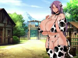 Rule 34 | 1girl, animal ears, animal print, breasts, cleft of venus, cow ears, cow girl, cow horns, cow print, cow tail, cowbell, farm, female focus, functionally nude, garter straps, horns, huge breasts, large areolae, long hair, mucc (ren0522), outdoors, pussy, smile, solo, standing, tail, women livestock