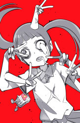 Rule 34 | 1girl, bags under eyes, collared shirt, commentary request, dripping eye, drooling, extra arms, floating hair, greyscale with colored background, long hair, looking at viewer, madotsuki, monoko, open mouth, pedestrian lights, polo shirt, red background, shirt, short sleeves, simple background, skirt, solo, tokomichi, twintails, v, v over eye, wide-eyed, yume nikki