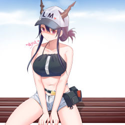 Rule 34 | 1girl, arknights, artist name, baseball cap, bench, bikini, black bikini, blue hair, ch&#039;en (arknights), ch'en (arknights), collarbone, dragon horns, female tourist c (arknights), folded ponytail, grey shorts, hat, highres, horns, horns through headwear, lingshalan, long hair, looking at viewer, navel, official alternate costume, on bench, open fly, red eyes, short shorts, shorts, sitting, solo, stomach, swimsuit