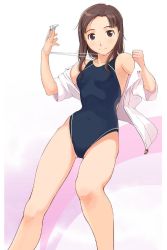 Rule 34 | brown eyes, brown hair, competition swimsuit, forehead, kawada tomoko, kimi kiss, off shoulder, one-piece swimsuit, open clothes, open shirt, shirt, smile, solo, swimsuit, swimsuit under clothes, whistle