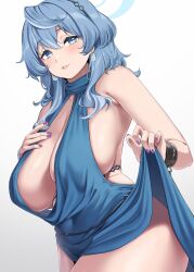 Rule 34 | 1girl, ako (blue archive), ako (dress) (blue archive), backless dress, backless outfit, bare shoulders, blue archive, blue dress, blue eyes, blue hair, blue halo, blush, breasts, clothes lift, cuffs, dress, dress lift, earrings, hair between eyes, hair ornament, halo, highres, jewelry, large breasts, long hair, looking at viewer, moisture (chichi), nail polish, official alternate costume, plunging neckline, purple nails, sideboob, simple background, sleeveless, sleeveless dress, solo, thighs, white background