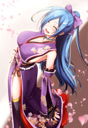 Rule 34 | .live, 1girl, 8gou, :d, ^ ^, armpits, black thighhighs, blue hair, blush, bow, breasts, closed eyes, detached sleeves, closed eyes, frilled kimono, frills, hair bow, hair over one eye, high ponytail, highres, japanese clothes, kimono, large breasts, long hair, long sleeves, open mouth, ponytail, purple bow, purple kimono, sideboob, smile, solo, thighhighs, very long hair, virtual youtuber, wide sleeves, yamato iori