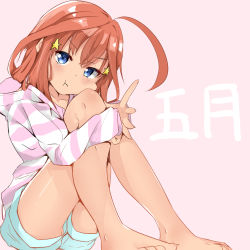 Rule 34 | 1girl, :t, ahoge, barefoot, blue eyes, blue shorts, blush, brown hair, cac itinose, closed mouth, collarbone, commentary request, fingernails, go-toubun no hanayome, hair between eyes, hair ornament, head tilt, highres, hood, hood down, hoodie, hugging own legs, long hair, nakano itsuki, pink background, pout, short shorts, shorts, sitting, sleeves past wrists, solo, star (symbol), star hair ornament, striped clothes, striped hoodie, translation request