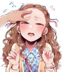 Rule 34 | 1girl, artist request, blouse, blush, bracelet, brown hair, cardigan, commentary, embarrassed, forehead, hair ribbon, half-closed eyes, idolmaster, idolmaster cinderella girls, jewelry, necklace, plaid, plaid shirt, pov, pov hands, red eyes, ribbon, seki hiromi, shirt, simple background, solo focus, touching forehead, upper body, wavy hair, white background