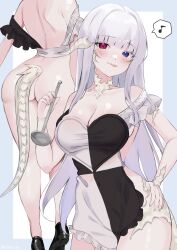 Rule 34 | 1girl, apron, ass, au ra, back, bare shoulders, black footwear, blue eyes, blunt bangs, breasts, cleavage, commentary request, covered navel, cowboy shot, dragon girl, dragon horns, dragon tail, final fantasy, final fantasy xiv, from behind, hand on own hip, heterochromia, highres, holding, holding ladle, horns, ladle, large breasts, long hair, looking at viewer, median furrow, multiple views, musical note, naked apron, red eyes, scales, shhilee, shoes, spoken musical note, tail, tongue, tongue out, warrior of light (ff14), white hair