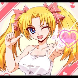 Rule 34 | 1girl, ;d, blonde hair, blue eyes, borrowed character, breasts, hair ribbon, heart, large breasts, letterboxed, lowres, one eye closed, open mouth, original, pointing, ribbon, shinmai (kyata), smile, solo, tank top, twintails, wink